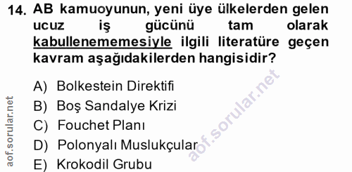 14. soru: AB kamuoyunun, yeni üye ülkelerden gelen UCUz iş gücünü tam olarak kabullenememesiyle ilgili literatüre geçen kavram…