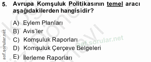 5. soru: Avrupa Komşuluk Politikasının temel aracı aşağıdakilerden hangisidir? A) Eylem Planları B) Avis'ler C) Komşuluk Rapor…