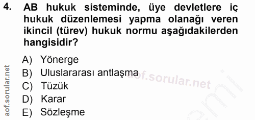4. soru: AB hukuk sisteminde, üye devletlere iç hukuk düzenlemesi yapma olanağı veren ikincil (türev) hukuk normu aşağıdakiler…