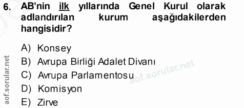 6. soru: AB'nin ilk yıllarında Genel Kurul olarak adlandırılan kurum aşağıdakilerden hangisidir? A) Konsey C) Avrupa Parlament…