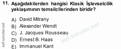 11. soru: Aşağıdakilerden hangisi Klasik İşlevselcilik yaklaşımının temsilcilerinden biridir? A) David Mitrany B) Alexander Wen…