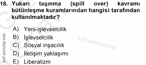 18. soru: Yukarı taşınma (spill over) kavramı bütünleşme kuramlarından hangisi tarafından kullanılmaktadır? A) Yeni-işlevselcil…