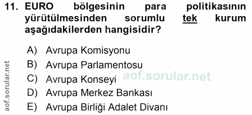 11. soru: EURO bölgesinin para politikasının yürütülmesinden sorumlu tek kurum aşağıdakilerden hangisidir? A) Avrupa Komisyonu…