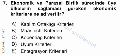 7. soru: Ekonomik ve Parasal Birlik sürecinde üye ülkelerin saglaması gereken ekonomik kriterlere ne ad verilir? A) Katılım Or…