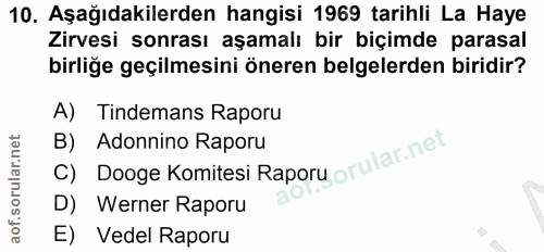 10. soru: Aşağıdakilerden hangisi 1969 tarihli La Haye Zirvesi sonrası aşamalı bir biçimde parasal birliğe geçilmesini öneren b…
