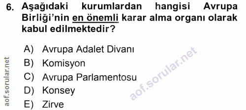 6. soru: Aşağıdaki kurumlardan hangisi Avrupa Birliği'nin en önemli karar alma organı olarak kabul edilmektedir? A) Avrupa Ada…