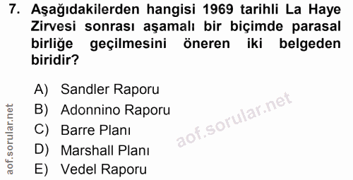 7. soru: Aşağıdakilerden hangisi 1969 tarihli La Haye Zirvesi sonrası aşamalı bir biçimde parasal birlige geçilmesini öneren i…