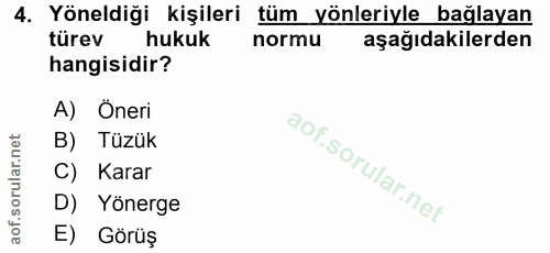 4. soru: Yöneldiği kişileri tüm yönleriyle bağlayan türev hukuk normu aşağıdakilerden hangisidir? A) Öneri B) Tüzük C) Karar D…