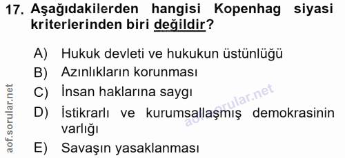 17. soru: Aşağıdakilerden hangisi Kopenhag siyasi kriterlerinden biri değildir? A) Hukuk devleti ve hukukun üstünlüğü B) Azınlı…