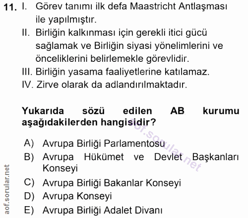 11. soru: I. Görev tanımı ilk defa Maastricht Antlaşması ile yapılmıştır. II. Birliğin kalkınması için gerekli itici gücü sağla…