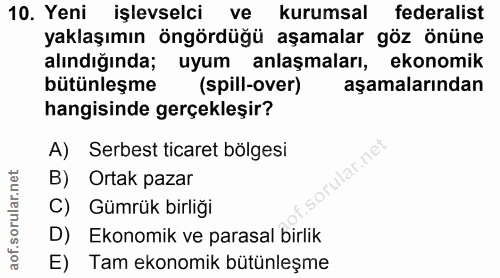 10. soru: Yeni işlevselci ve kurumsal federalist yaklaşımın öngördüğü aşamalar göz önüne alındığında; uyum anlaşmaları, ekonomi…