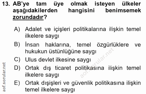 13. soru: AB'ye tam üye olmak isteyen ülkeler aşağıdakilerden hangisini benimsemek zorundadır? A) Adalet ve içişleri politikala…