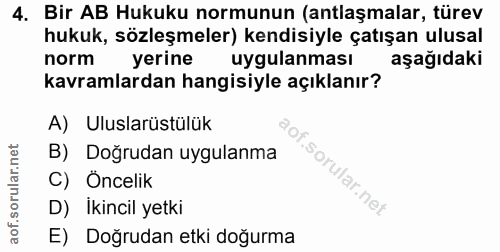 4. soru: Bir AB Hukuku normunun (antlaşmalar, türev hukuk, sözleşmeler) kendisiyle çatışan ulusal kavramlardan hangisiyle açık…
