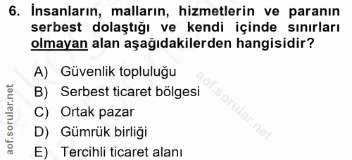 6. soru: Insanların, malların, hizmetlerin ve paranın serbest dolaştığı ve kendi içinde sınırları olmayan alan aşağıdakilerden…