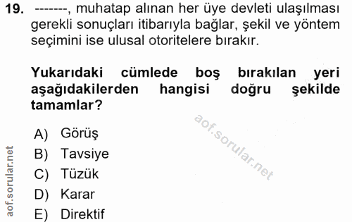 19. soru: -, muhatap alınan her üye devleti ulaşılması gerekli sonuçları itibarıyla bağlar, şekil ve yöntem seçimini ise ulusal…