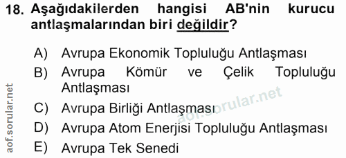 18. soru: Aşağıdakilerden hangisi AB'nin kurucu antlaşmalarından biri değildir? A) Avrupa Ekonomik Topluluğu Antlaşması B) Avru…