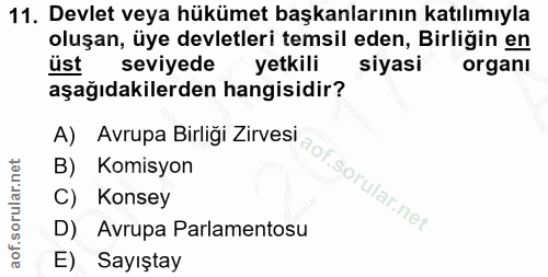 11. soru: Devlet veya hükümet başkanlarının katılımıyla oluşan, üye devletleri temsil eden, Birligin en seviyede yetkili siyasi…