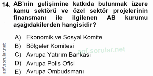 14. soru: AB'nin gelişimine katkıda bulunmak üzere kamu sektörü ve özel sektör projelerinin finansmanı ile ilgilenen AB kurumu…