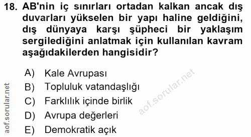 18. soru: AB'nin iç sınırları ortadan kalkan ancak dış duvarları yükselen bir yapı haline geldiğini, dış dünyaya karşı şüpheci…