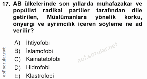 17. soru: AB ülkelerinde son yıllarda muhafazakar ve popülist radikal partiler tarafından dile getirilen, Müslümanlara yönelik…