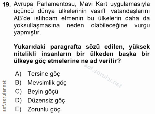 19. soru: Avrupa Parlamentosu, Mavi Kart uygulamasıyla üçüncü dünya ülkelerinin vasıflı vatandaşlarını AB'de istihdam etmenin b…