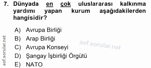 7. soru: Dünyada en çok uluslararası kalkınma yardımı yapan kurum aşağıdakilerden hangisidir? A) Avrupa Birliği B) Arap Birliğ…