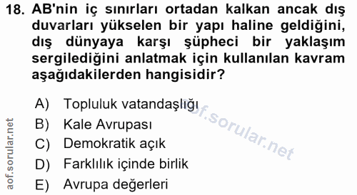 18. soru: AB'nin iç sınırları ortadan kalkan ancak dış duvarları yükselen bir yapı haline geldiğini, dış dünyaya karşı şüpheci…