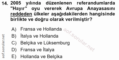 14. soru: 2005 yılinda düzenlenen referandumlarda "Hayır" oyu vererek Avrupa Anayasasını reddeden ülkeler aşağıdakilerden hangi…