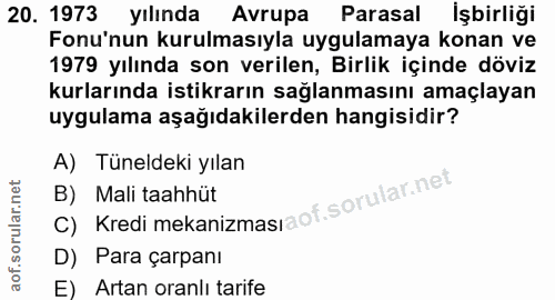 20. soru: 1973 yılında Avrupa Parasal İşbirliği Fonu'nun kurulmasıyla uygulamaya konan ve 1979 yılında son verilen, Birlik için…