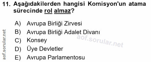 11. soru: Aşağıdakilerden hangisi Komisyon'un atama sürecinde rol almaz? A) Avrupa Birliği Zirvesi B) Avrupa Birliği Adalet Div…