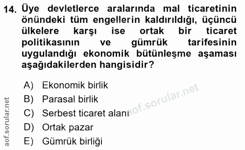 14. soru: Uye devletlerce aralarında mal ticaretinin önündeki tüm engellerin kaldırıldığı, üçüncü ülkelere karşı ise ortak bir…