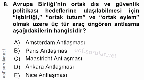 8. soru: Avrupa Birliği'nin ortak dış ve güvenlik politikası hedeflerine ulaşılabilmesi için "işbirliği," "ortak tutum" ve "or…