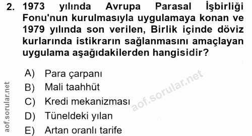 2. soru: 1973 yılında Avrupa Parasal işbirliği Fonu'nun kurulmasıyla uygulamaya konan ve 1979 yılında son verilen, Birlik için…