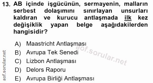 13. soru: AB içinde işgücünün, sermayenin, malların serbest dolaşımını sınırlayan unsurları kaldıran ve kurucu antlaşmada ilk k…