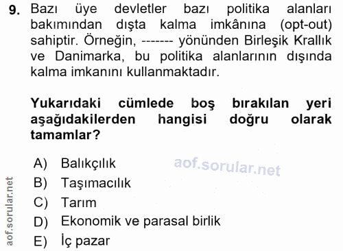 9. soru: Bazı üye devletler bazı politika alanları bakımından dışta kalma imkânına (opt-out) sahiptir. Örneğin, —- yönünden Bi…