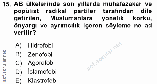 15. soru: AB ülkelerinde son yıllarda muhafazakar ve popülist radikal partiler tarafından dile getirilen, Müslümanlara yönelik…