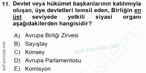 11. soru: Devlet veya hükümet başkanlarının katılımıyla oluşan, üye devletleri temsil eden, Birliğin en üst seviyede yetkili si…