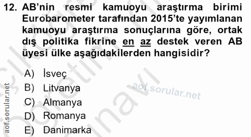 12. soru: AB'nin resmi kamuoyu araştırma birimi Eurobarometer tarafından 2015'te yayımlanan kamuoyu araştırma sonuçlarına göre,…