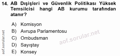 14. soru: AB Dışişleri ve Güvenlik Politikası Yüksek Temsilcisi hangi AB kurumu tarafından atanır? A) Komisyon B) Avrupa Parlam…