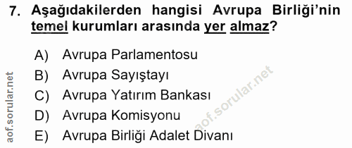 7. soru: Aşağıdakilerden hangisi Avrupa Birliği'nin temel kurumları arasında yer almaz? A)| Avrupa Parlamentosu B) Avrupa Sayı…