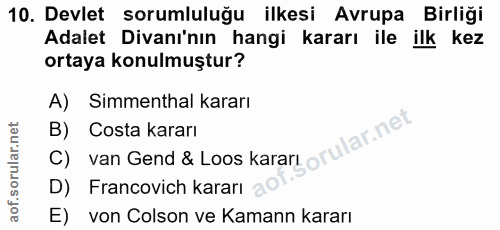 10. soru: Devlet sorumluluğu ilkesi Avrupa Birliği Adalet Divanı'nın hangi kararı ile ilk kez ortaya konulmuştur? A) Simmenthal…