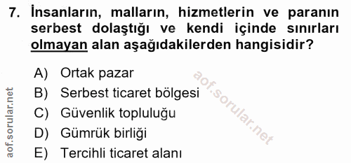 7. soru: İnsanların, malların, hizmetlerin ve paranın serbest dolaştığı ve kendi içinde sınırları olmayan alan aşağıdakilerden…