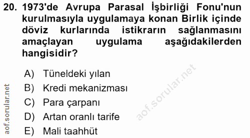 20. soru: 1973'de Avrupa Parasal İşbirliği Fonu'nun kurulmasıyla uygulamaya konan Birlik içinde döviz kurlarında istikrarın sağ…