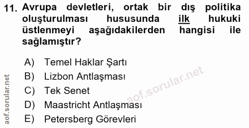 11. soru: Avrupa devletleri, ortak bir dış politika oluşturulması hususunda ilk hukuki üstlenmeyi aşağıdakilerden hangisi ile s…