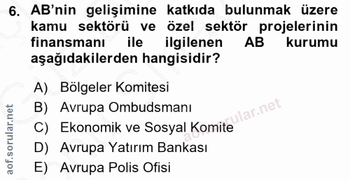 6. soru: AB'nin gelişimine katkıda bulunmak üzere kamu sektörü ve özel sektör projelerinin finansmanı ile ilgilenen AB kurumu…