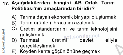 17. soru: Aşağıdakilerden hangisi AB Ortak Tarım Politikası'nın amaçlarından biridir? A) Tarıma dayalı ekonomik bir yapı oluştu…