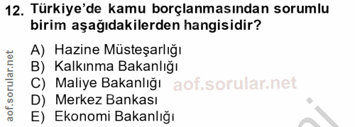 12. soru: Türkiye'de kamu borçlanmasından sorumlu birim aşağıdakilerden hangisidir? A) Hazine Müsteşarlığı B) Kalkınma Bakanlığ…
