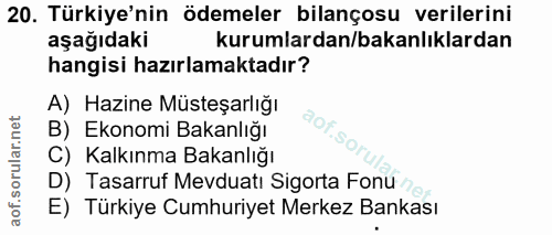 20. soru: Türkiye'nin ödemeler bilançosu verilerini aşağıdaki kurumlardan/bakanlıklardan hangisi hazırlamaktadır? A) Hazine Müs…