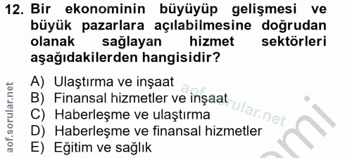 12. soru: Bir ekonominin büyüyüp gelişmesi ve büyük pazarlara açılabilmesine doğrudan olanak sağlayan hizmet sektörleri aşağıda…