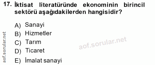 17. soru: İktisat literatüründe ekonominin birincil sektörü aşağıdakilerden hangisidir? A) Sanayi B) Hizmetler C) Tarım D) Tica…